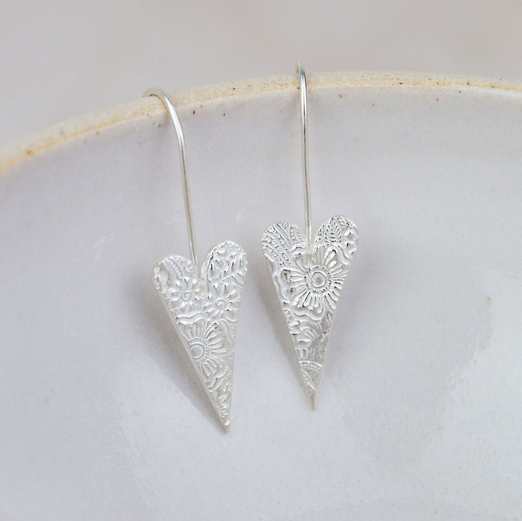 Sterling Silver Long Heart Earrings