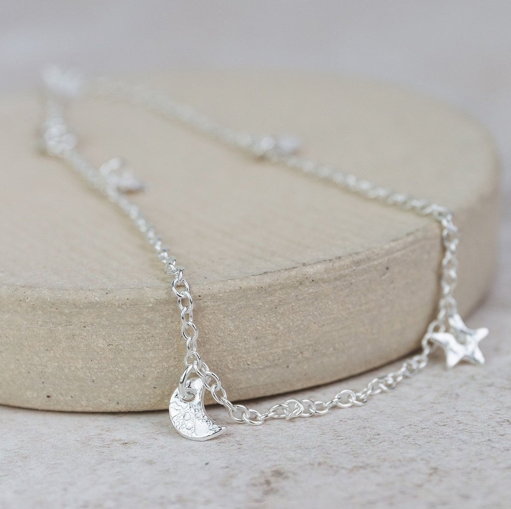 Sterling Silver Charm Anklet  Moon & Star
