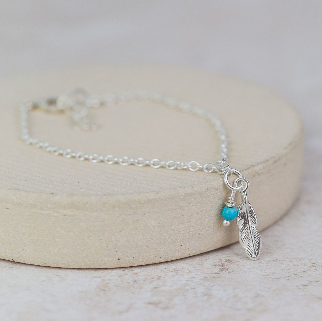 Sterling Silver Feather And Turquoise Bracelet