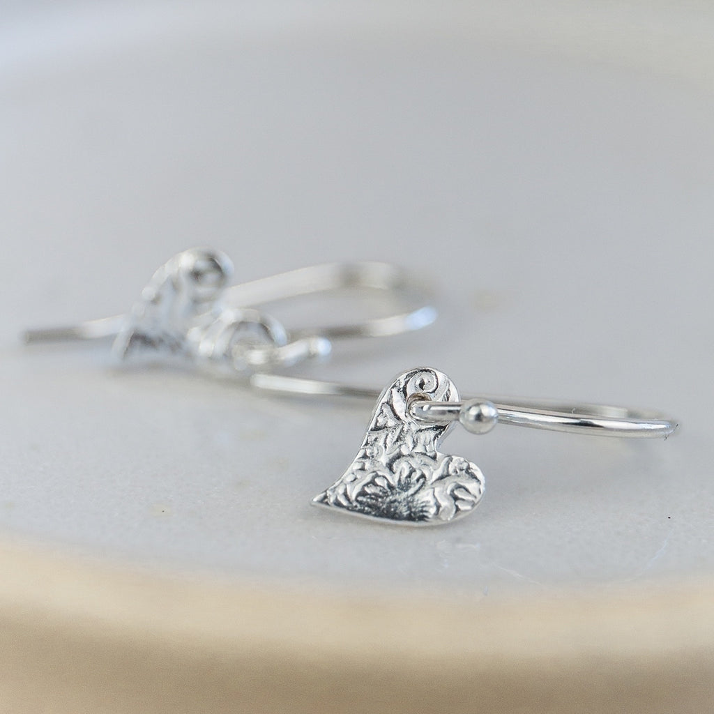 Sterling Silver Mini Textured Tilted Heart Earrings