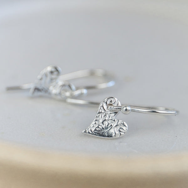 Sterling Silver Mini Textured Tilted Heart Earrings