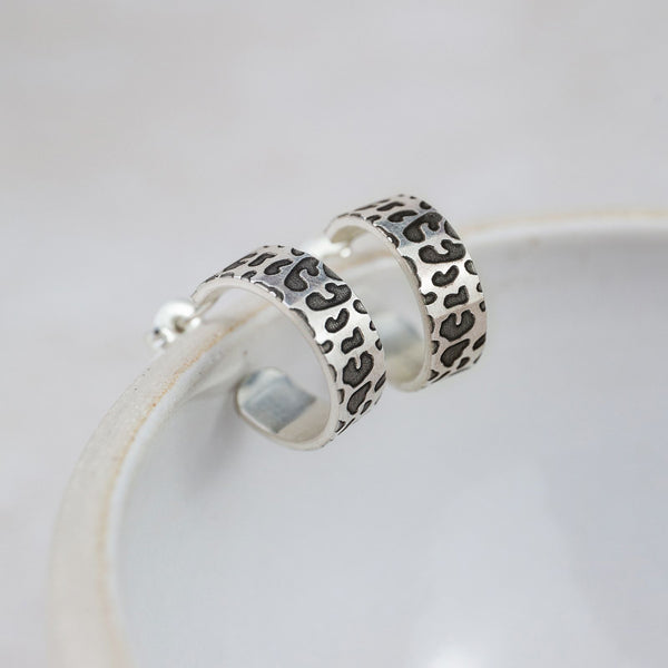 Sterling Silver Leopard Print Textured Hoops