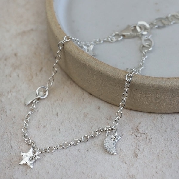 Sterling Silver Star and Moon Charm Bracelet