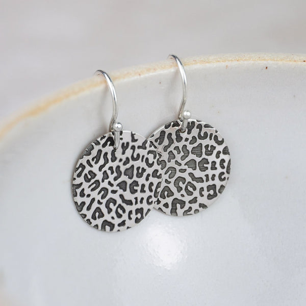 Sterling Silver Small Leopard Print Disc Earrings