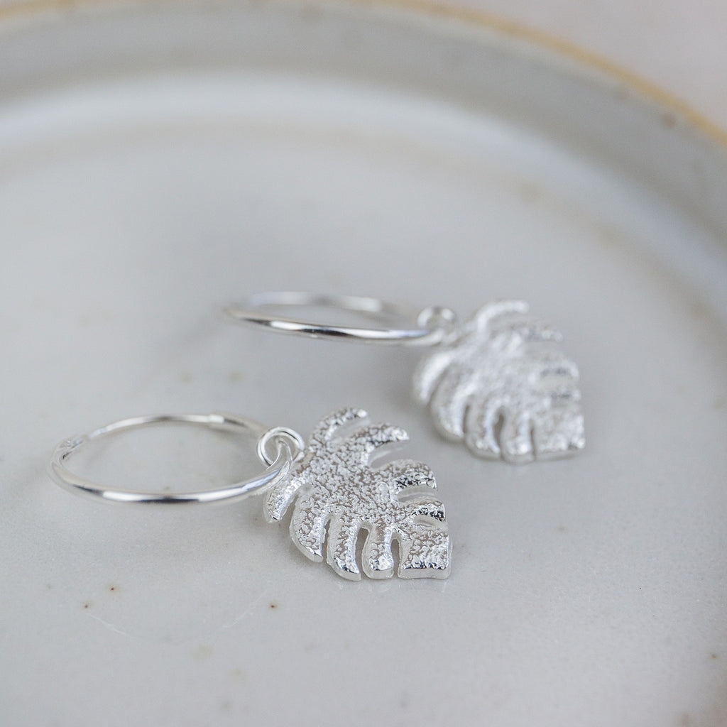 Sterling Silver Monstera Charm Hoops