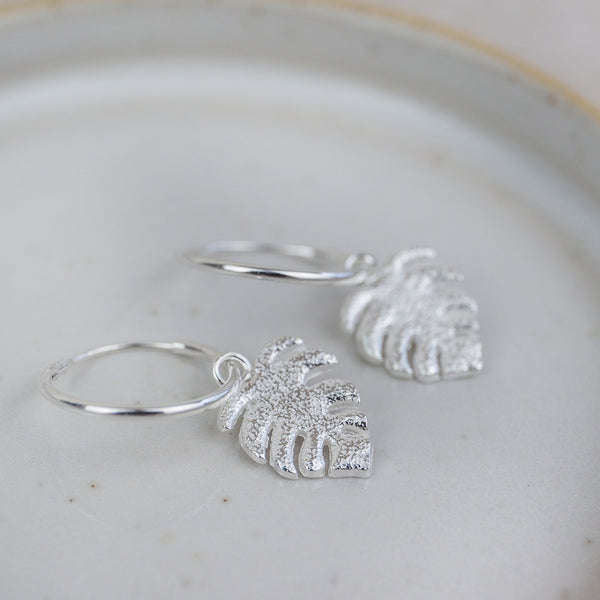 Sterling Silver Monstera Charm Hoops