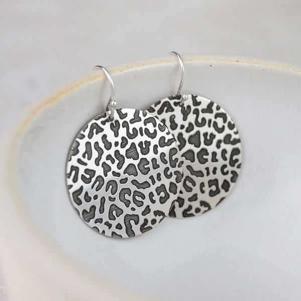 Sterling Silver Large Leopard Print Disc Earrings