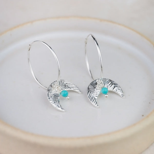 Sterling Silver Moon and Turquoise Hoop Earrings