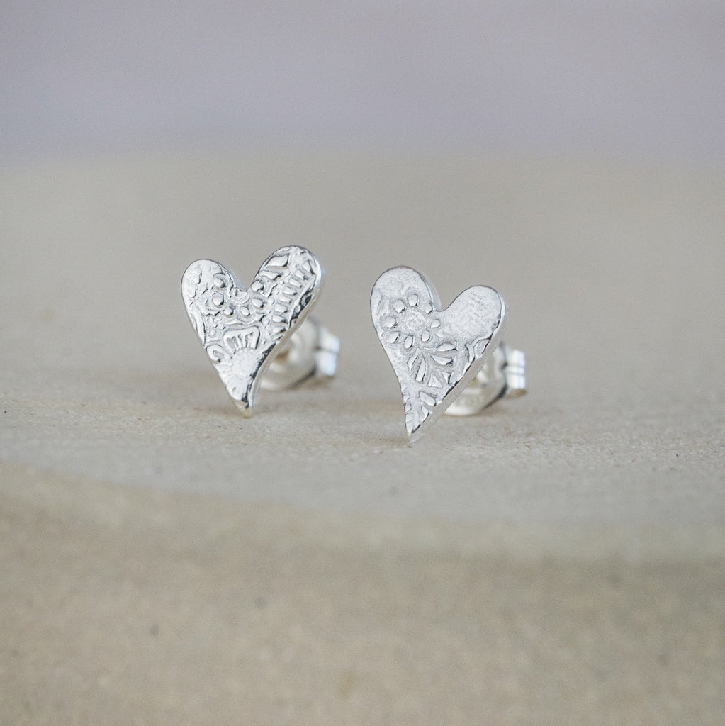 Sterling Silver Textured Tilted Heart Studs