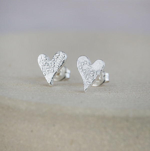 Sterling Silver Textured Tilted Heart Studs