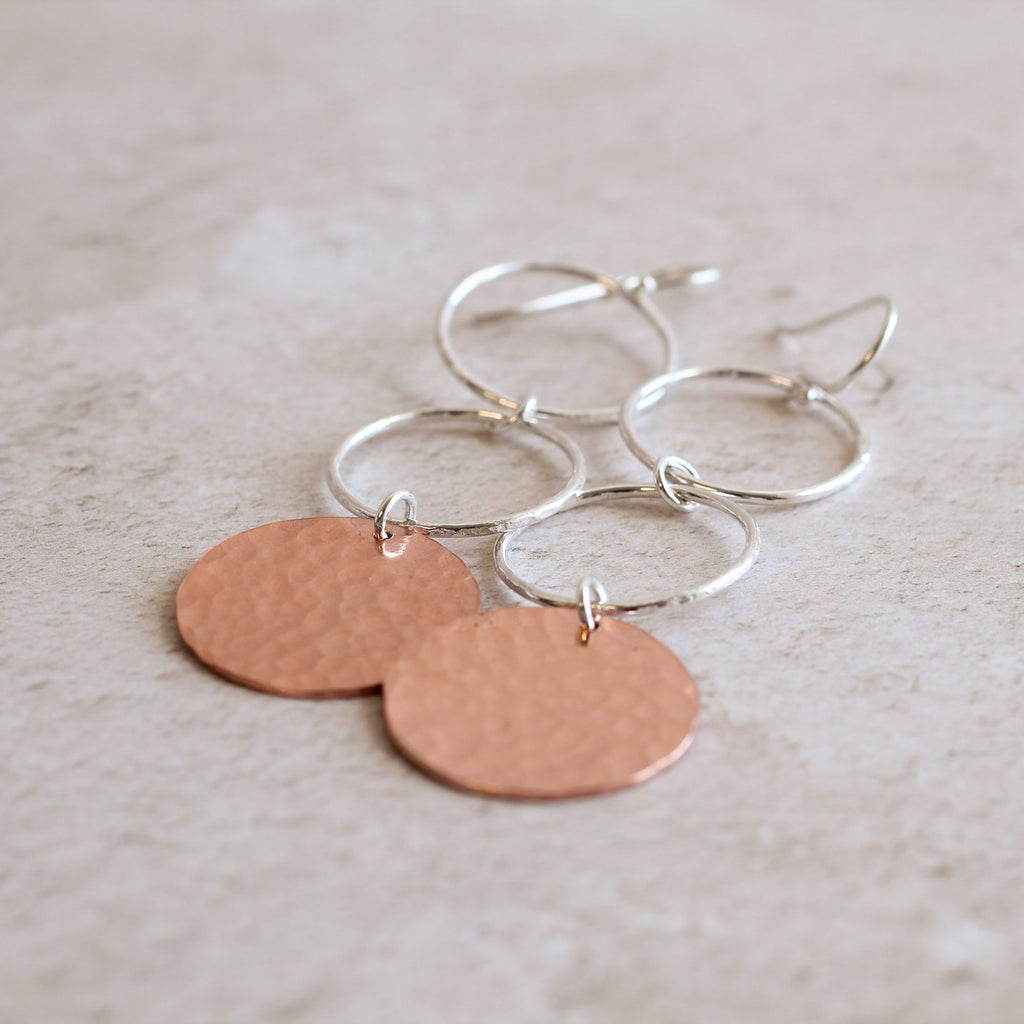 Sterling Silver And Copper Circle Drop Earrings