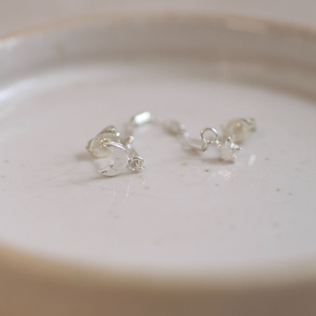 Sterling Silver Star And Moon Chained Mini Studs